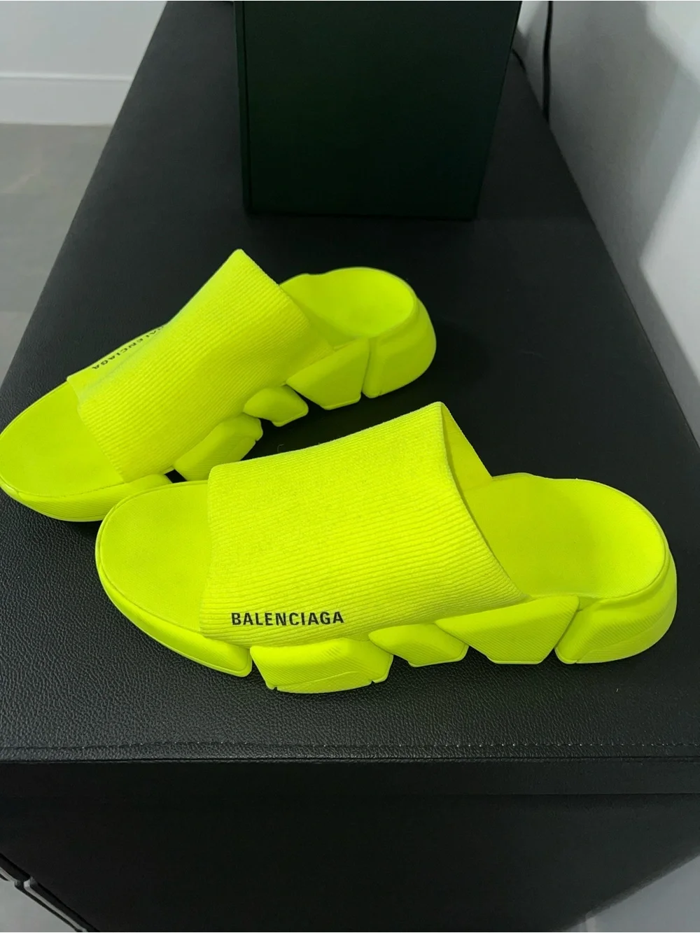 Balenciaga Men’s Neon Lime Slide Sandals